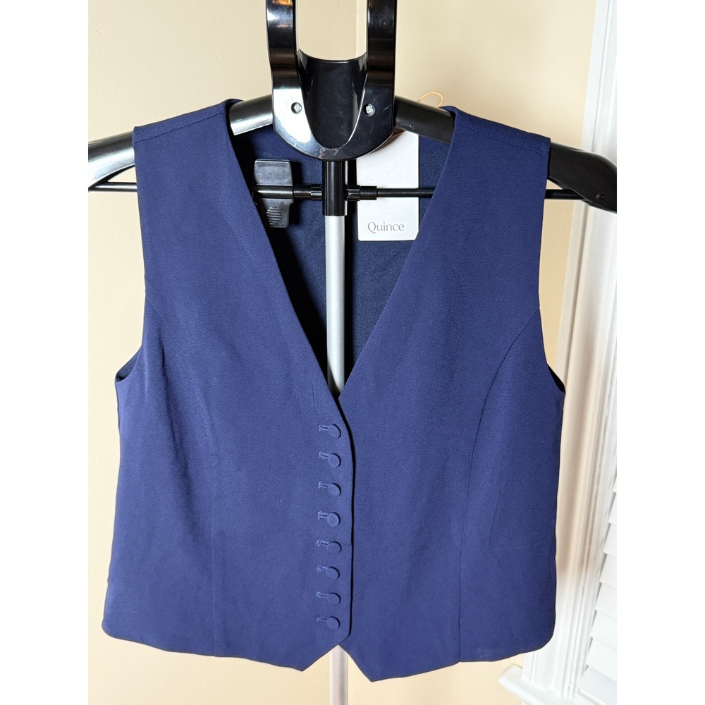 Quince Fluid Crepe Vest Navy Blue V-Neck Button Front Tailored Waistcoat Small